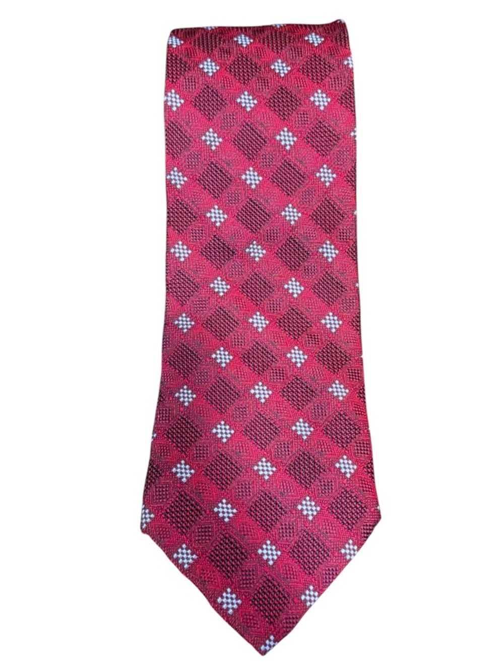 Barneys New York Mens Silk Tie Burgundy Jacquard Diamond Geometric Italy Vintage